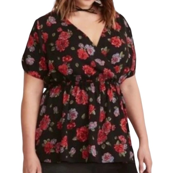 TORRID Easy Care Polyester Black Rose Print Surplice Neckline Cinched Waist Top - Picture 1 of 11